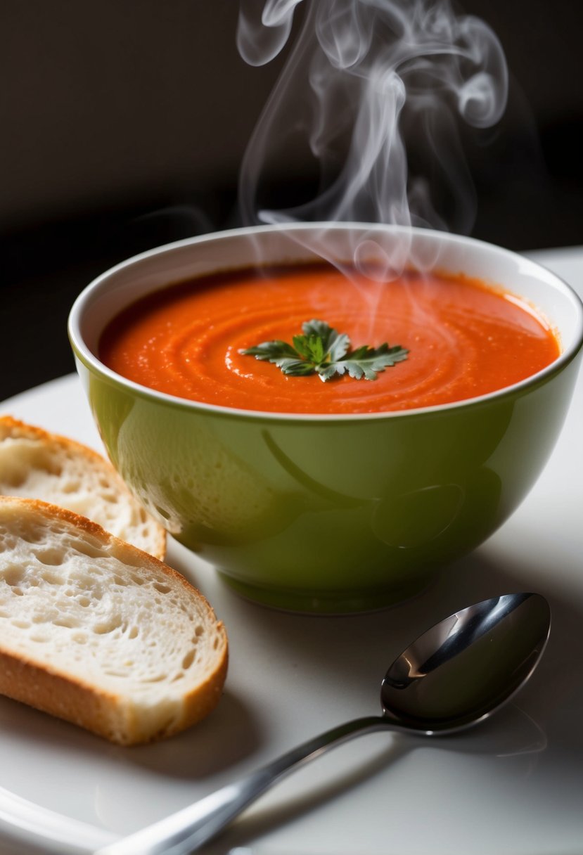 A bowl of smooth, vibrant red tomato soup sits on a table, steam rising from its surface. Nearby, a spoon and a piece of soft bread await consumption