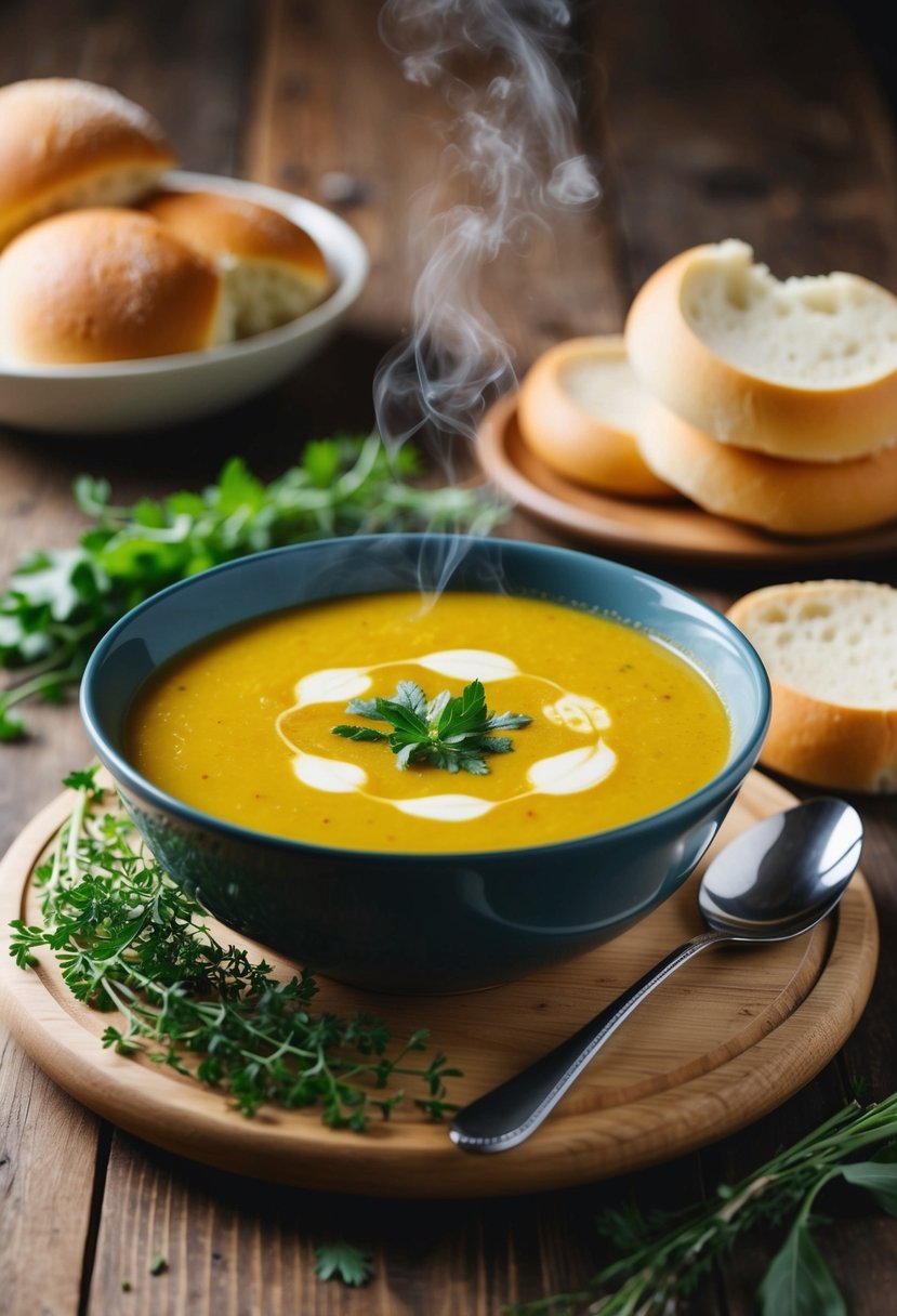 A steaming bowl of creamy squash soup sits on a wooden table, surrounded by fresh herbs and a stack of soft bread rolls