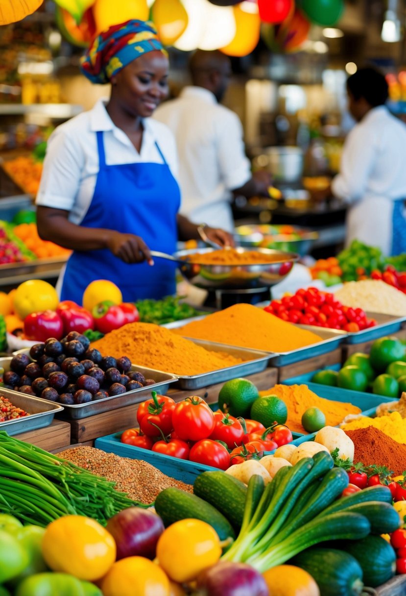 A vibrant market scene with colorful fruits, vegetables, and spices displayed on wooden tables, with a woman cooking traditional African dishes in the background