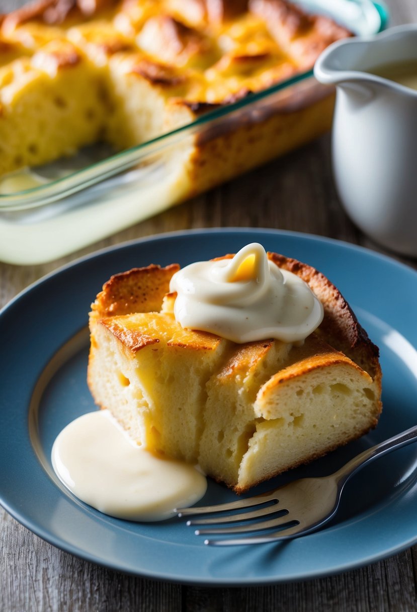 A warm, golden-brown bread pudding sits on a plate, topped with a dollop of creamy vanilla sauce. A fork rests beside it, ready to dive in