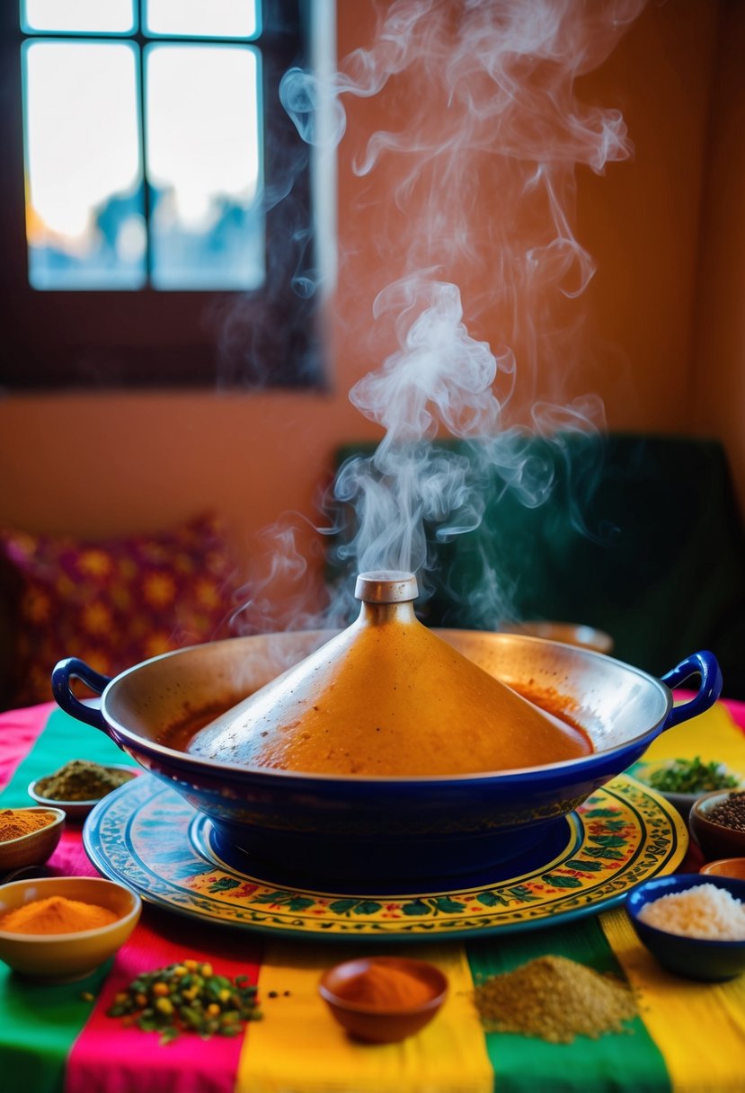 A steaming Moroccan tagine sits atop a vibrant tablecloth, surrounded by colorful spices and herbs. The aroma of exotic African flavors fills the air