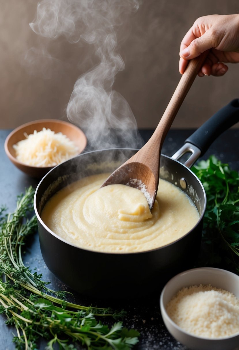 A steaming pot of creamy polenta being stirred with a wooden spoon, surrounded by fresh herbs and a bowl of grated cheese