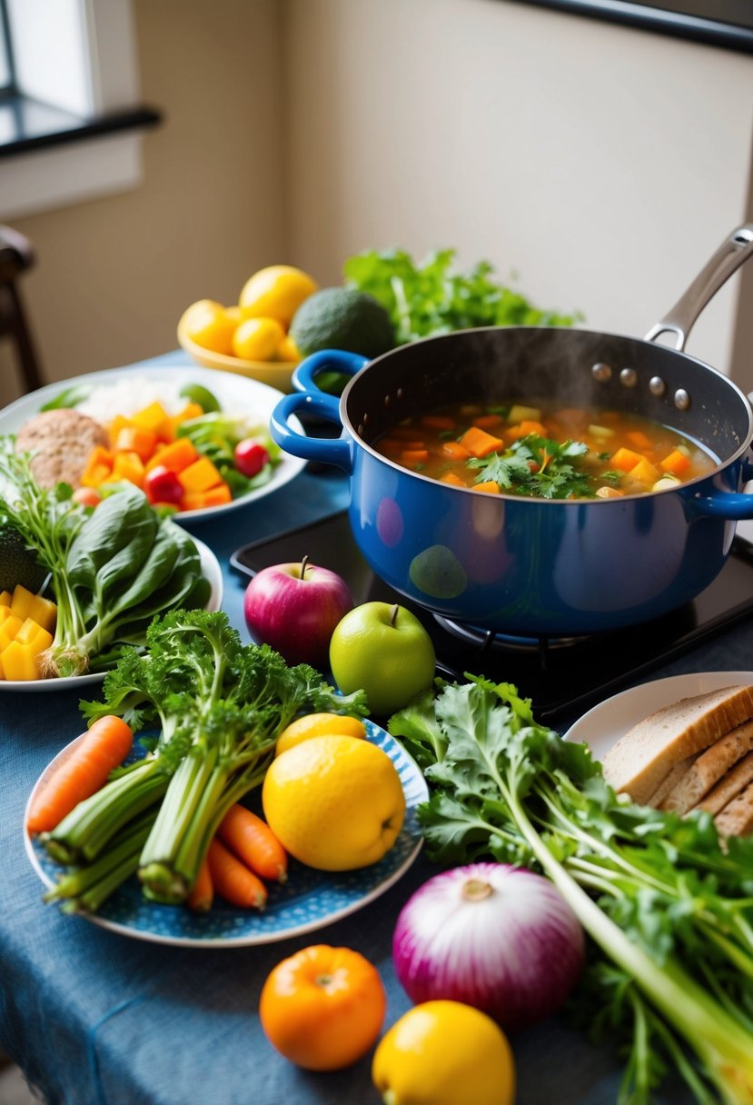 A table set with colorful, fresh ingredients like vegetables, fruits, and lean proteins. A pot simmering on the stove with a hearty soup