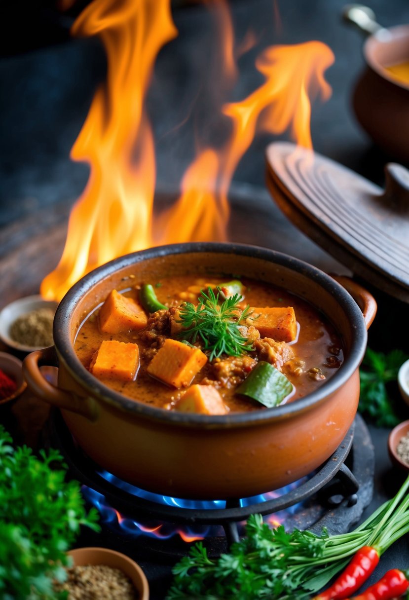 A traditional Ethiopian Doro Wat dish simmering in a clay pot over an open flame, surrounded by vibrant spices and fresh herbs