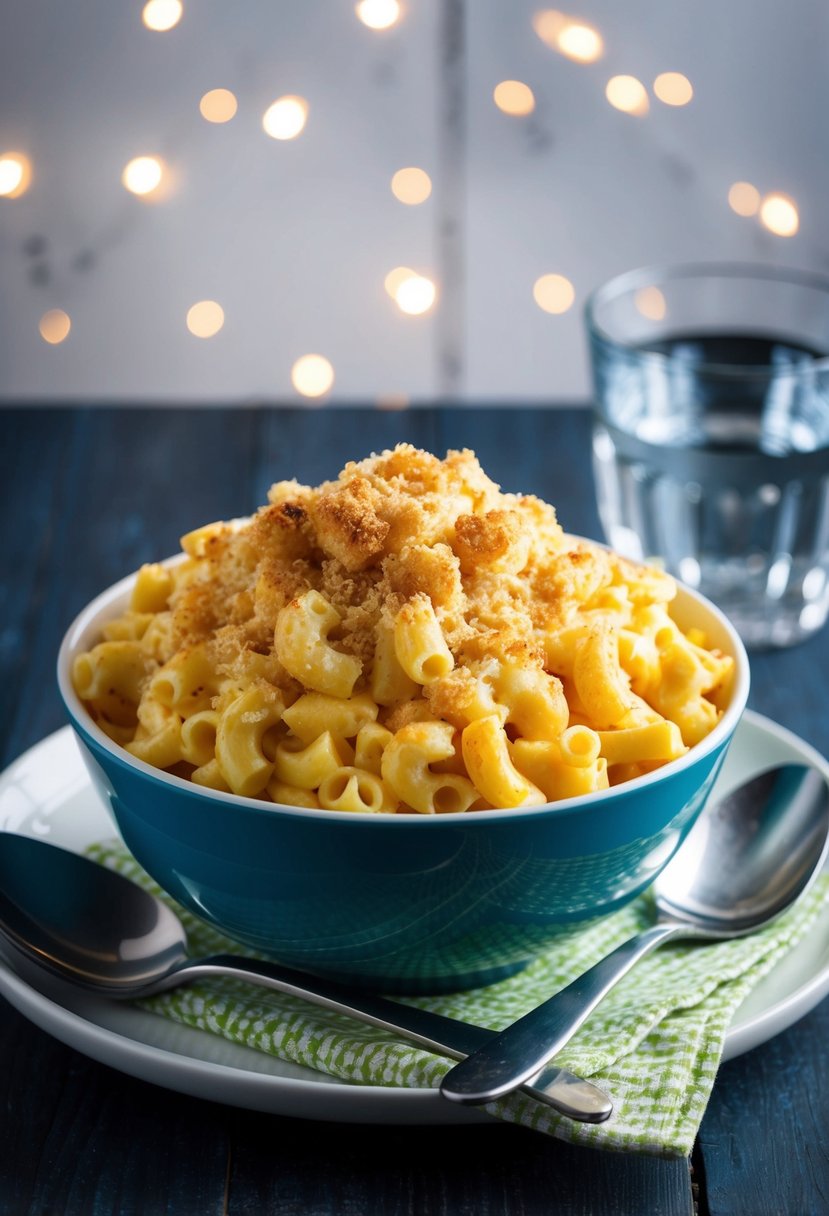 A bowl of creamy macaroni and cheese topped with breadcrumbs sits on a table next to a spoon and a glass of water