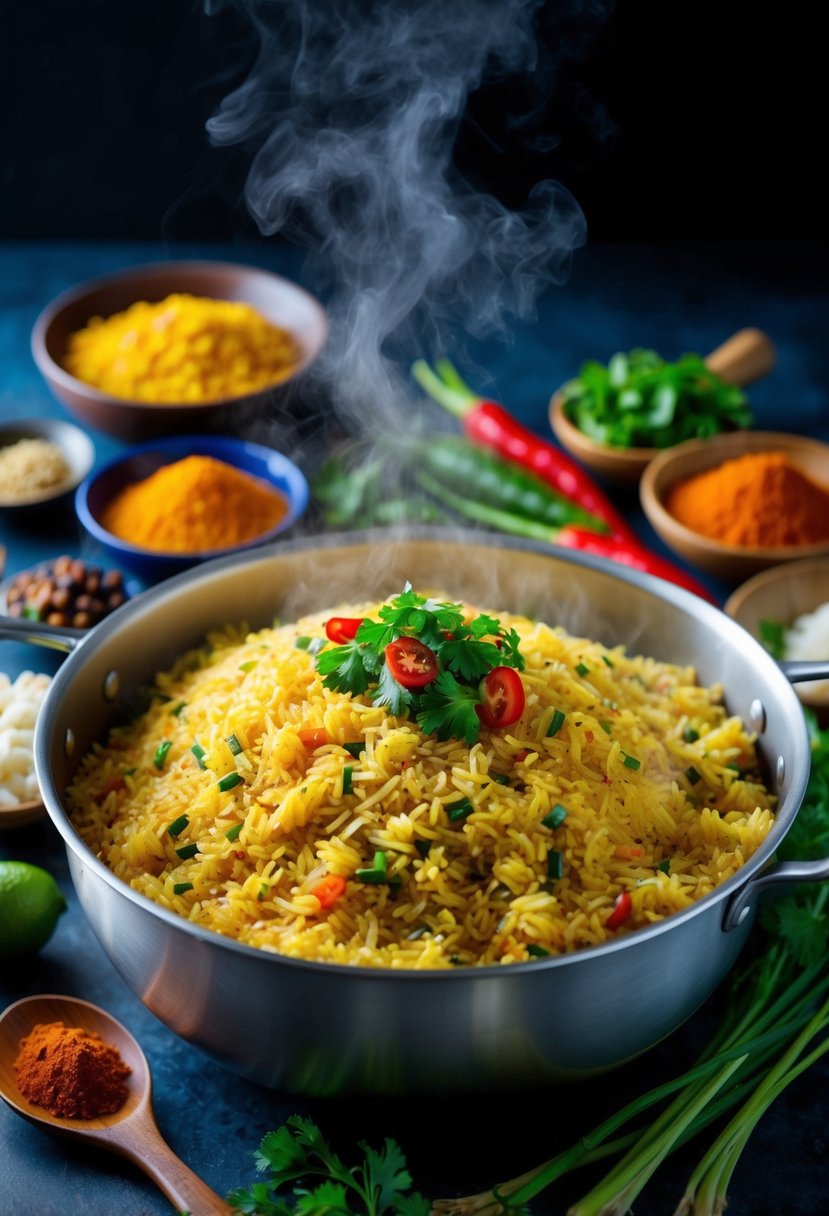 A steaming pot of Nigerian Jollof Rice, surrounded by vibrant spices and fresh ingredients