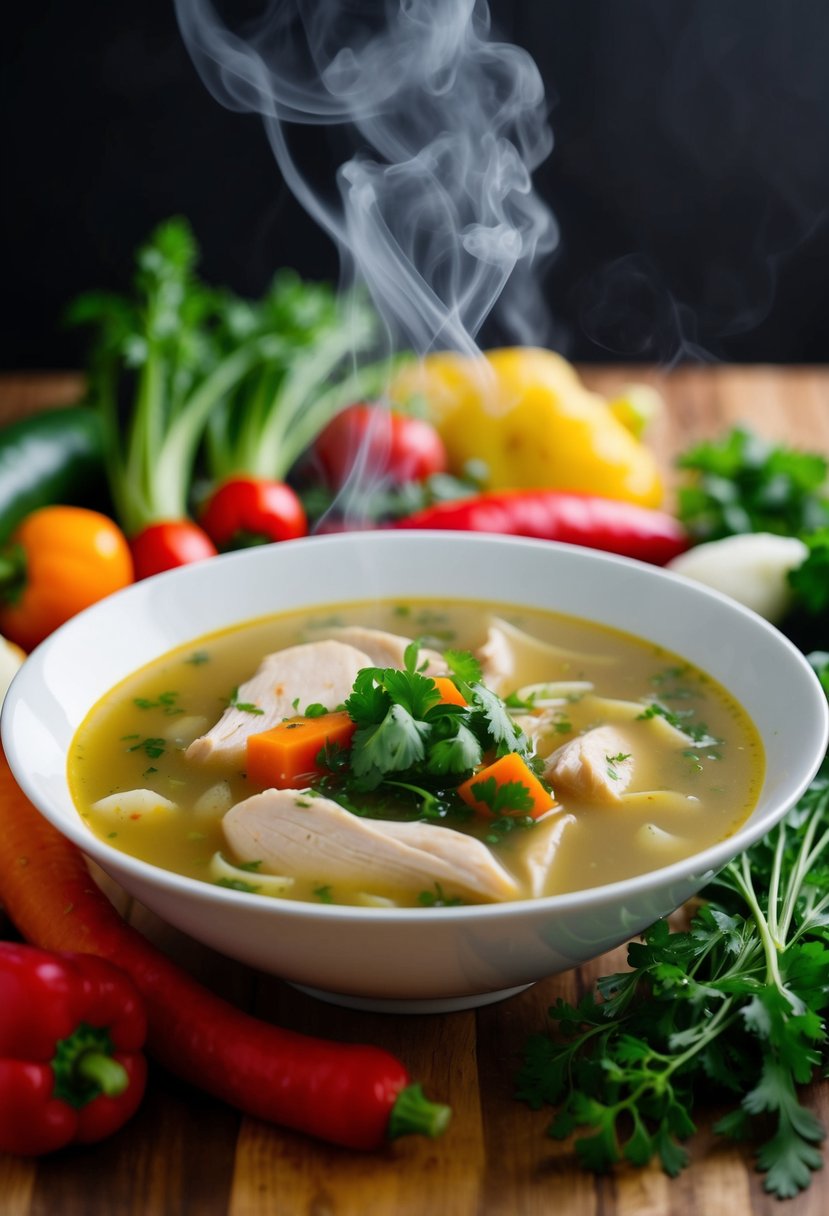 A steaming bowl of chicken broth surrounded by colorful vegetables and herbs