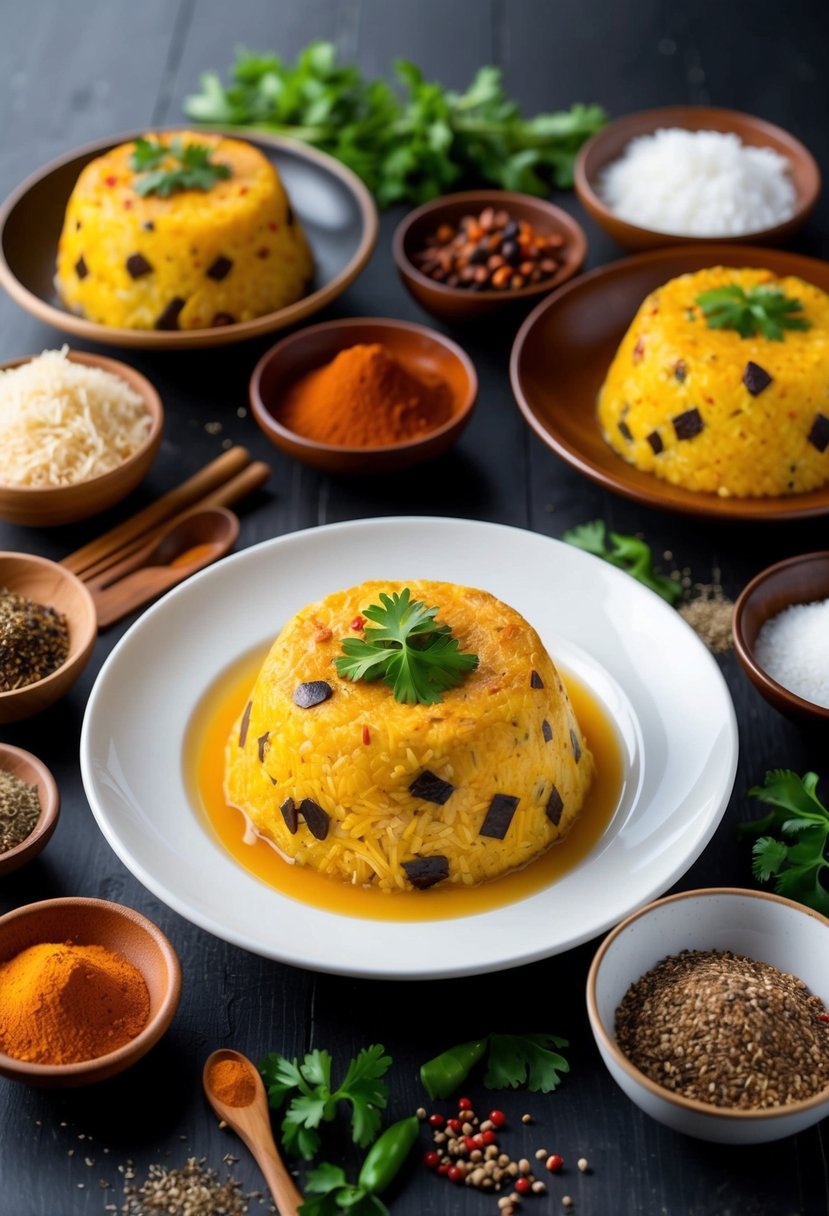 A table set with South African bobotie, surrounded by traditional spices and ingredients