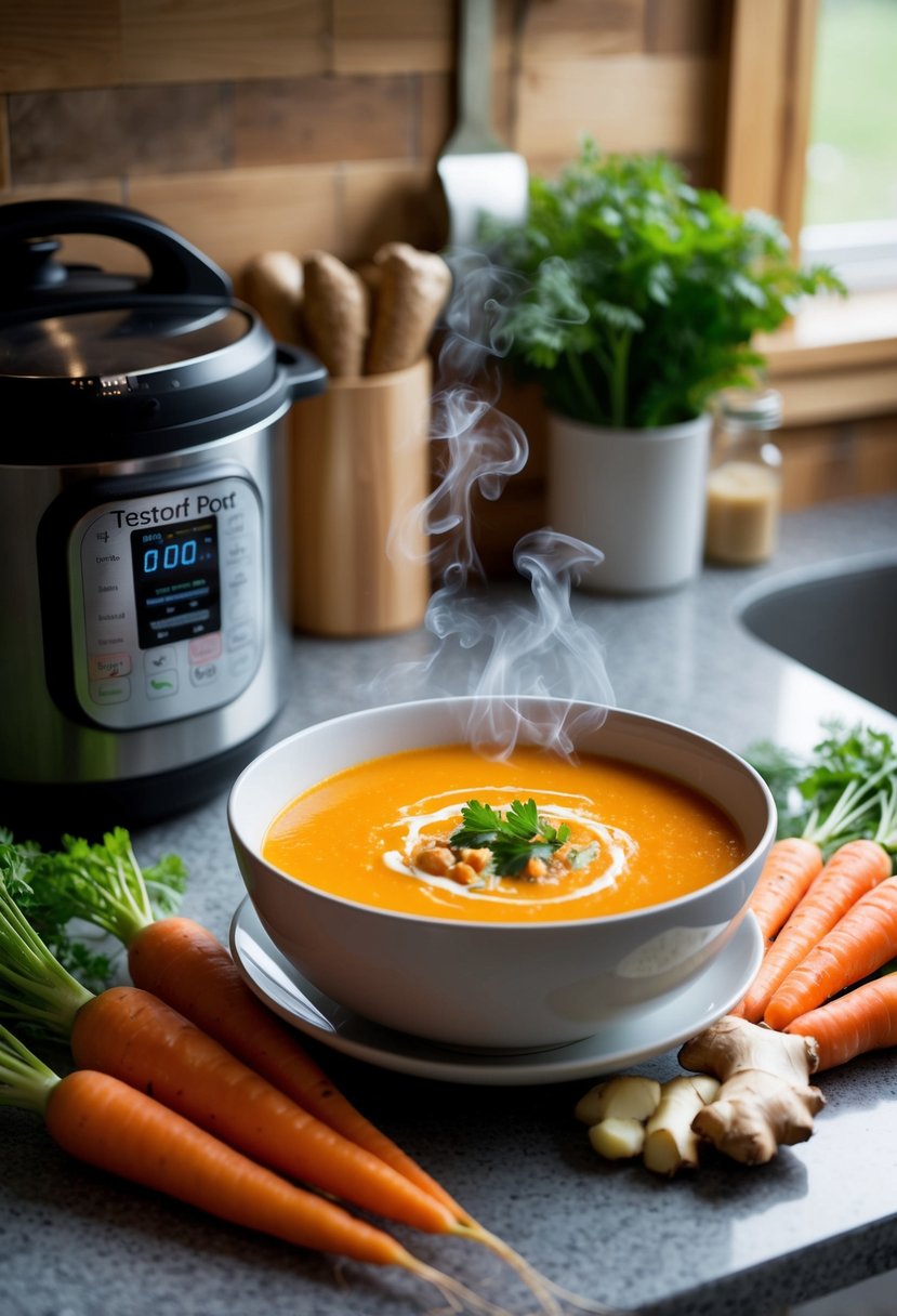 A steaming bowl of carrot ginger soup surrounded by fresh carrots, ginger root, and an Instant Pot on a kitchen counter