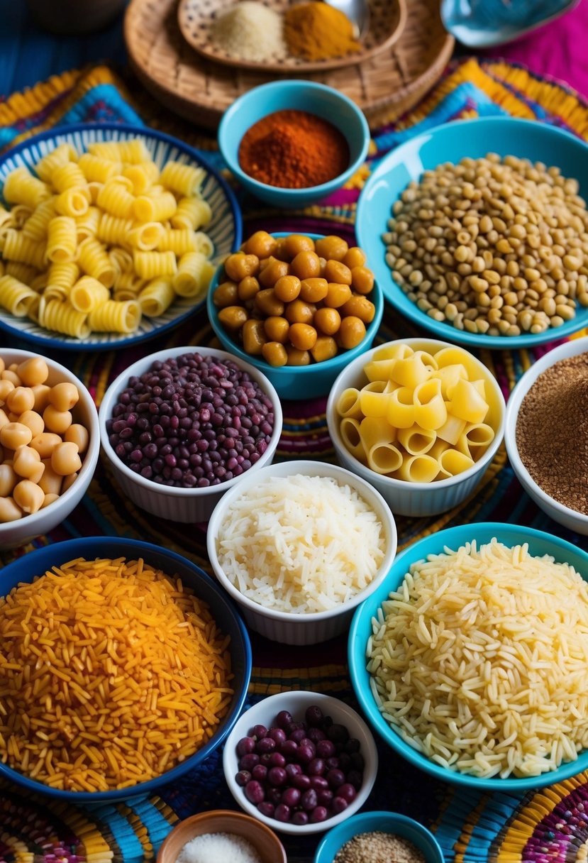 A colorful spread of Egyptian Koshari ingredients, including rice, lentils, pasta, chickpeas, and a variety of spices, arranged in an artistic display