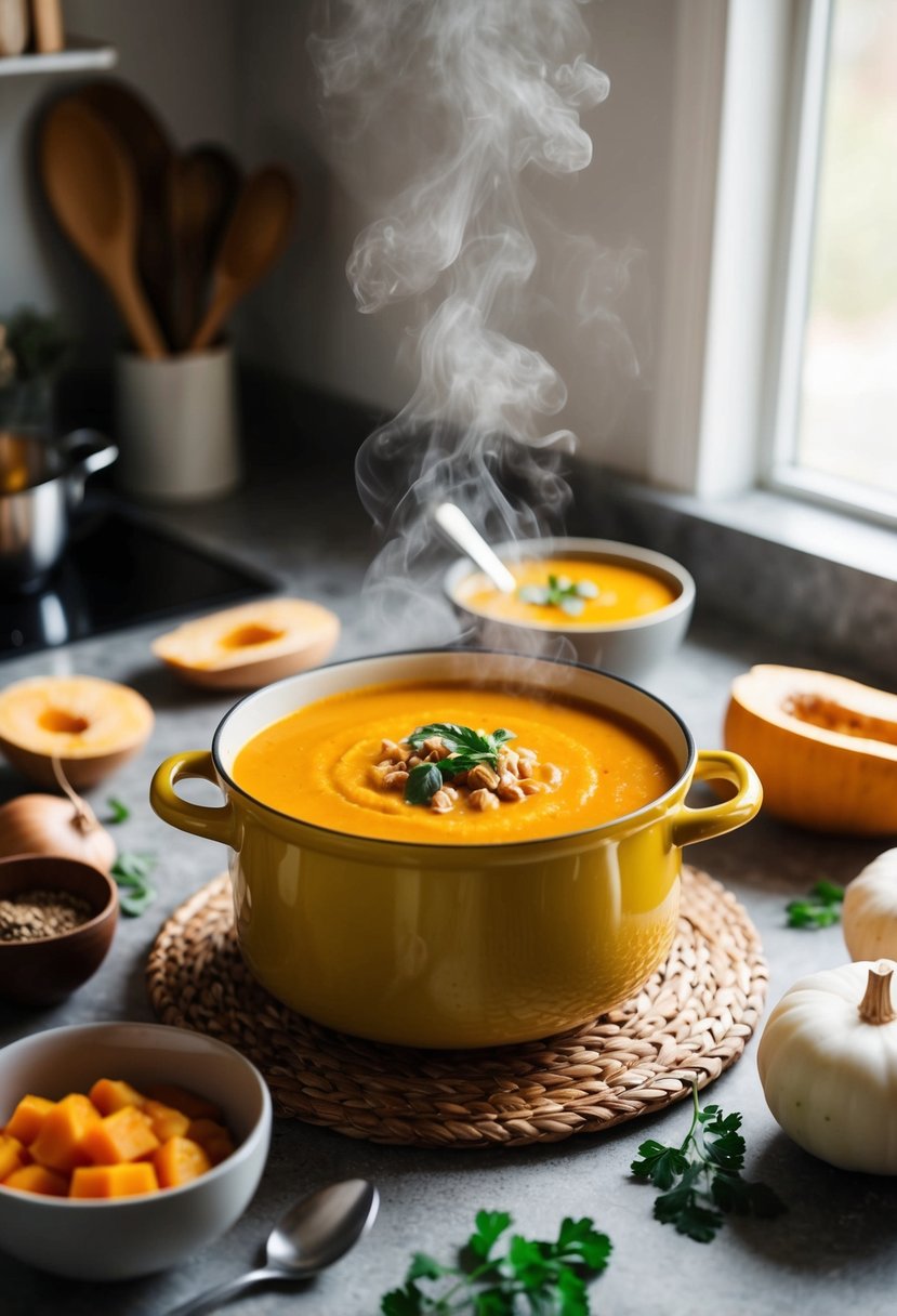 A steaming pot of butternut squash soup surrounded by fresh ingredients and a bowl on a cozy kitchen counter