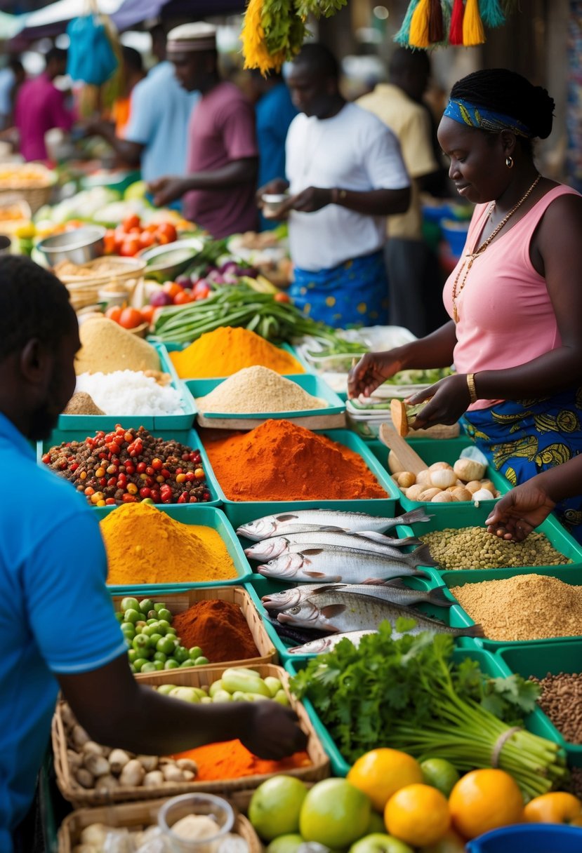 A bustling Senegalese market with colorful spices, fresh fish, and vibrant vegetables, as locals gather ingredients for Thieboudienne