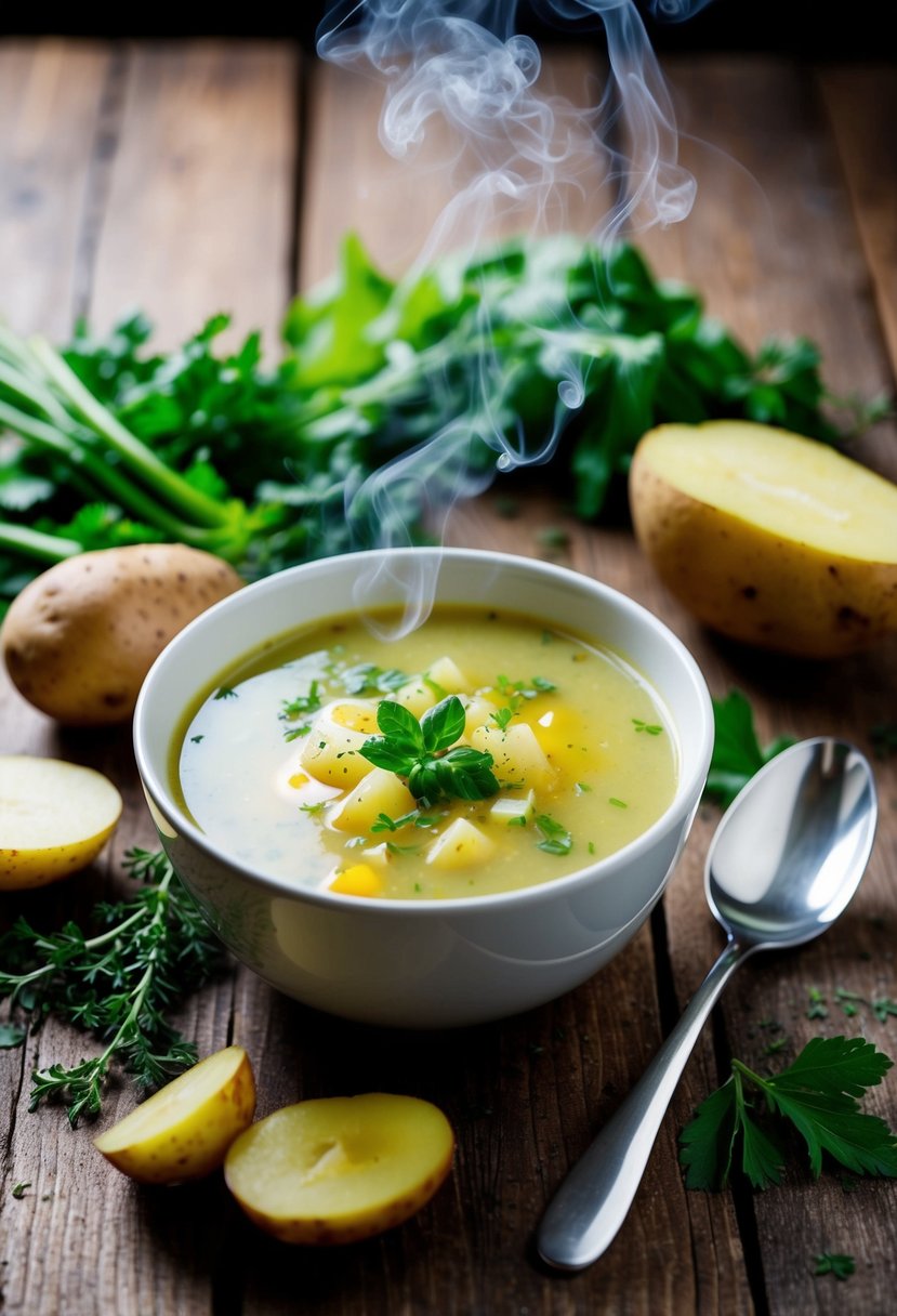 A steaming bowl of dairy-free potato soup surrounded by fresh vegetables and herbs on a rustic wooden table