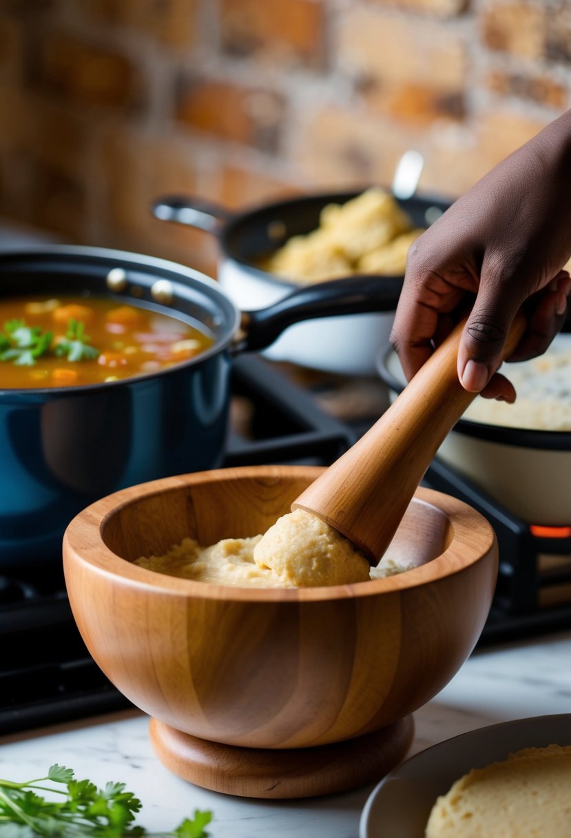 A wooden mortar and pestle pound Ghanaian fufu dough, while a pot of soup simmers on a stove