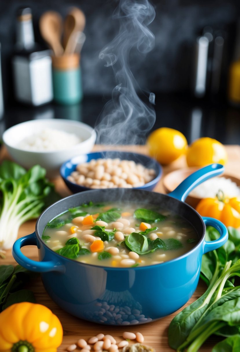 A steaming pot of spinach vegetable barley bean soup surrounded by fresh ingredients on a kitchen counter