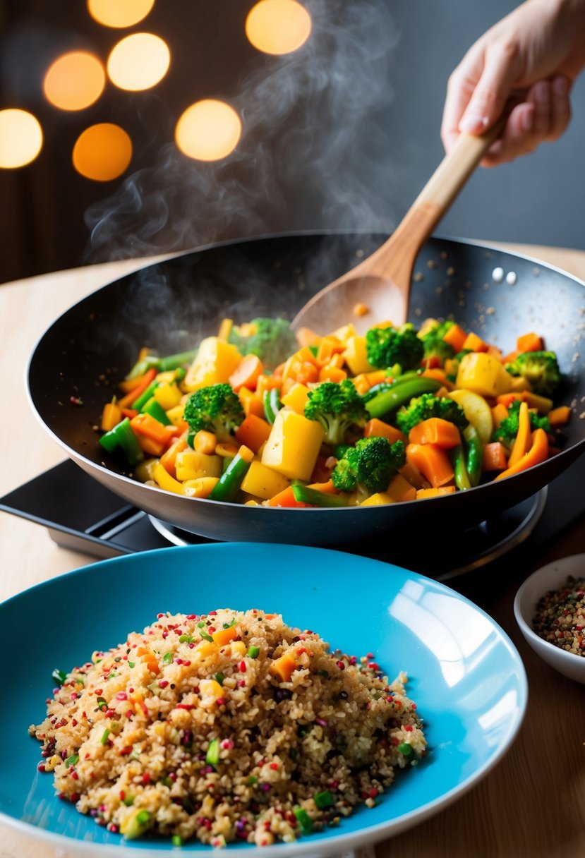 A colorful stir-fry sizzling in a wok, with vibrant vegetables and fluffy rainbow quinoa steaming on a plate nearby