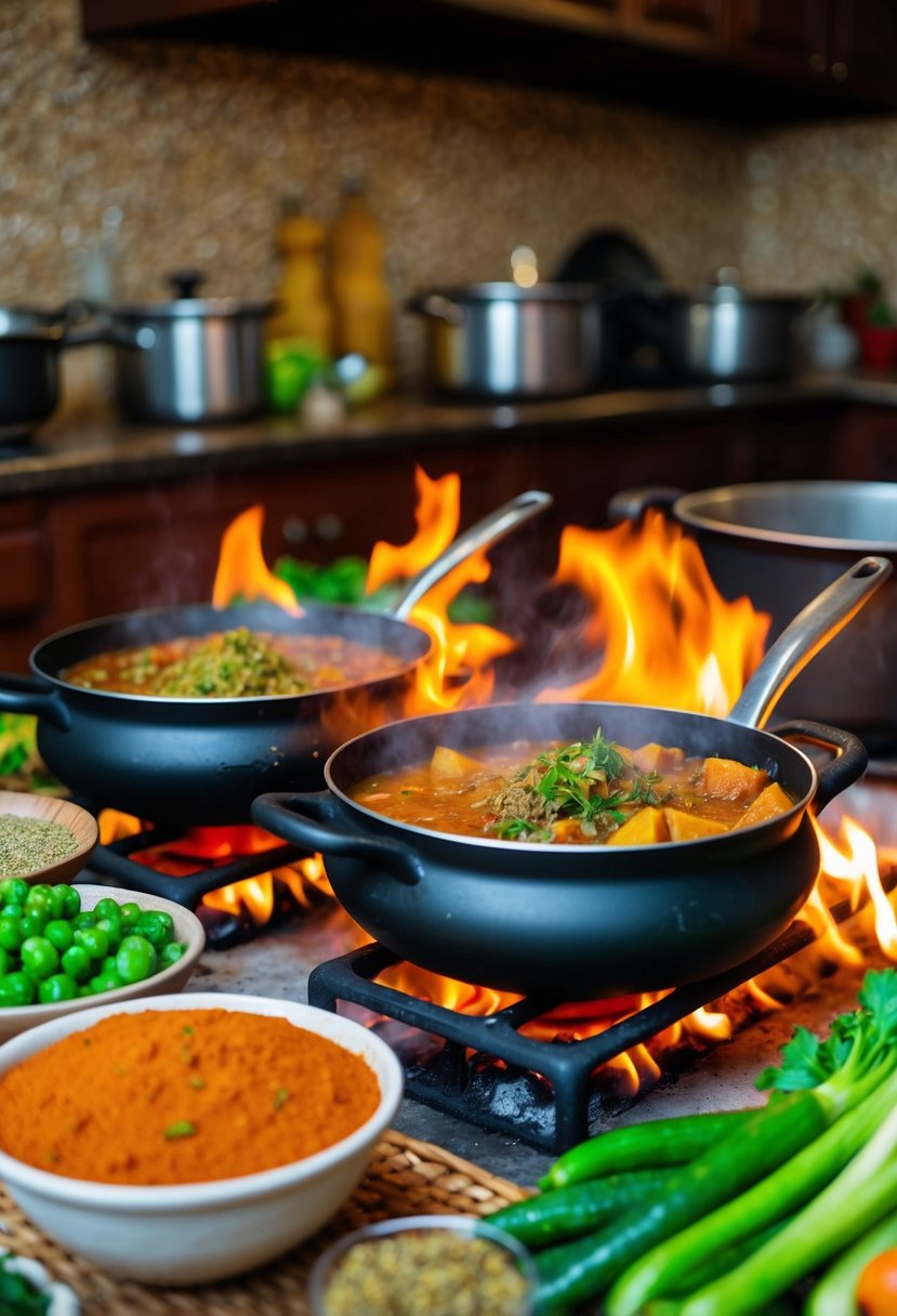 A traditional Cameroonian kitchen with pots simmering over open flames, surrounded by vibrant green vegetables and aromatic spices