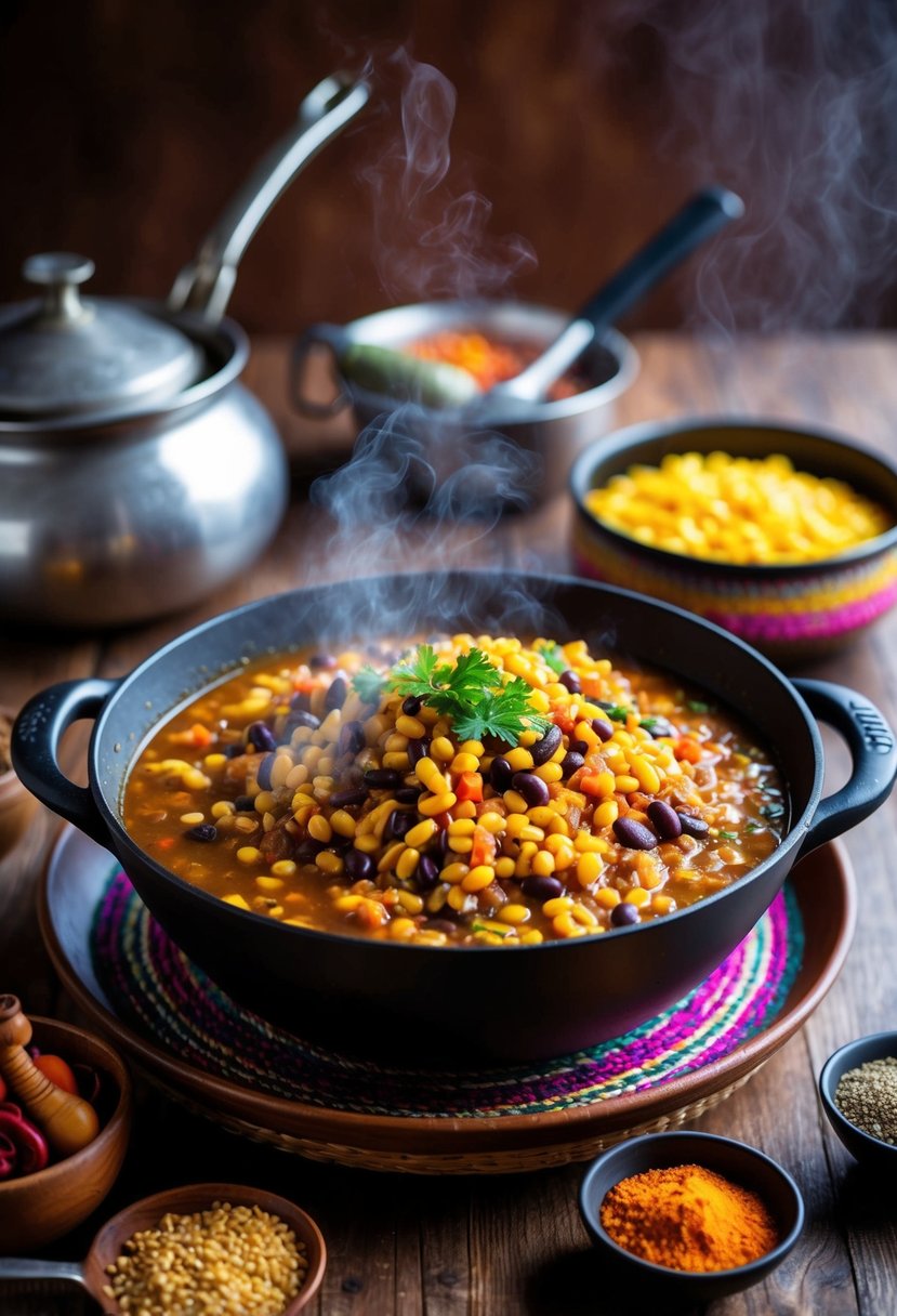 A steaming pot of Kenyan githeri with a colorful mix of maize and beans, surrounded by traditional cooking utensils and vibrant spices