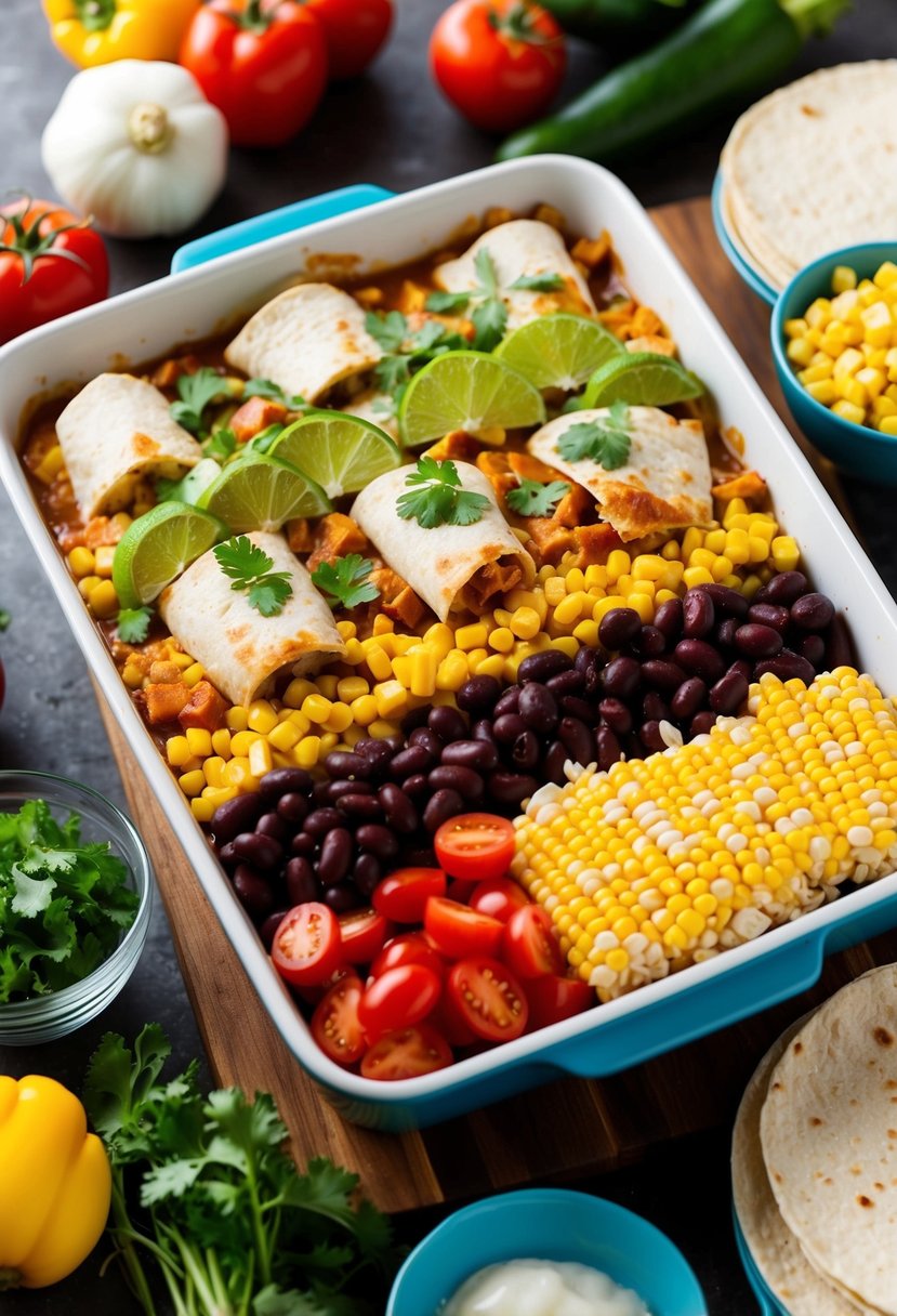 A colorful array of fresh ingredients - chicken, corn, beans, and tortillas - arranged in layers in a casserole dish, ready to be baked into a delicious and nutritious chicken enchilada casserole