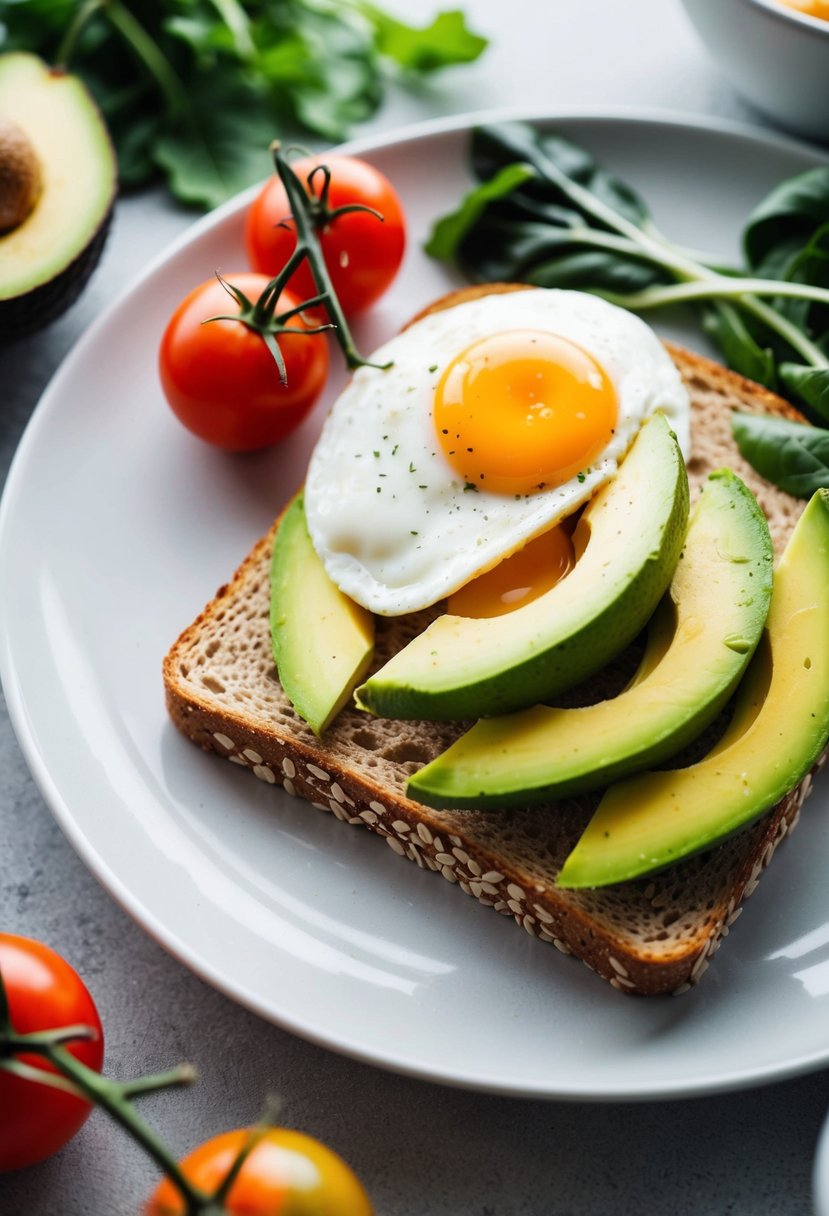 A plate with sliced avocado and egg on whole grain toast, surrounded by fresh ingredients like tomatoes and greens