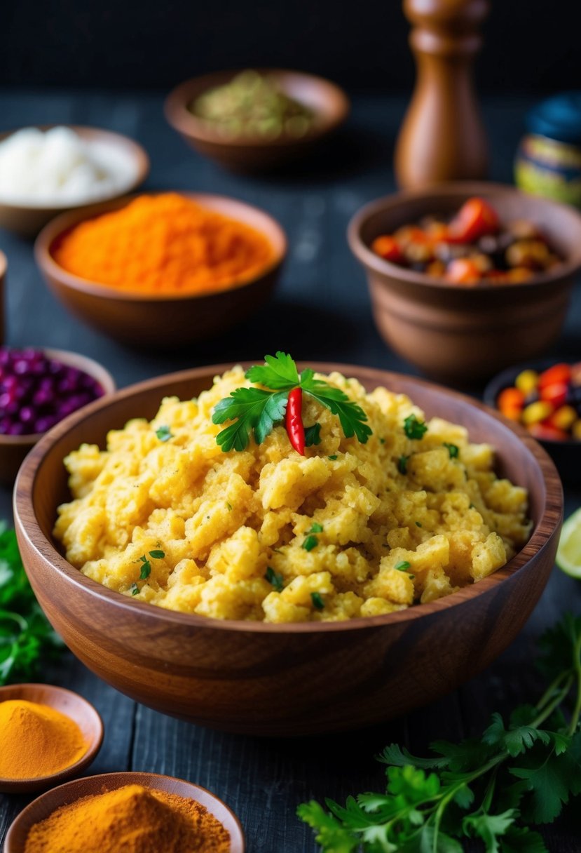 A wooden bowl filled with Tanzanian ugali surrounded by colorful spices and ingredients