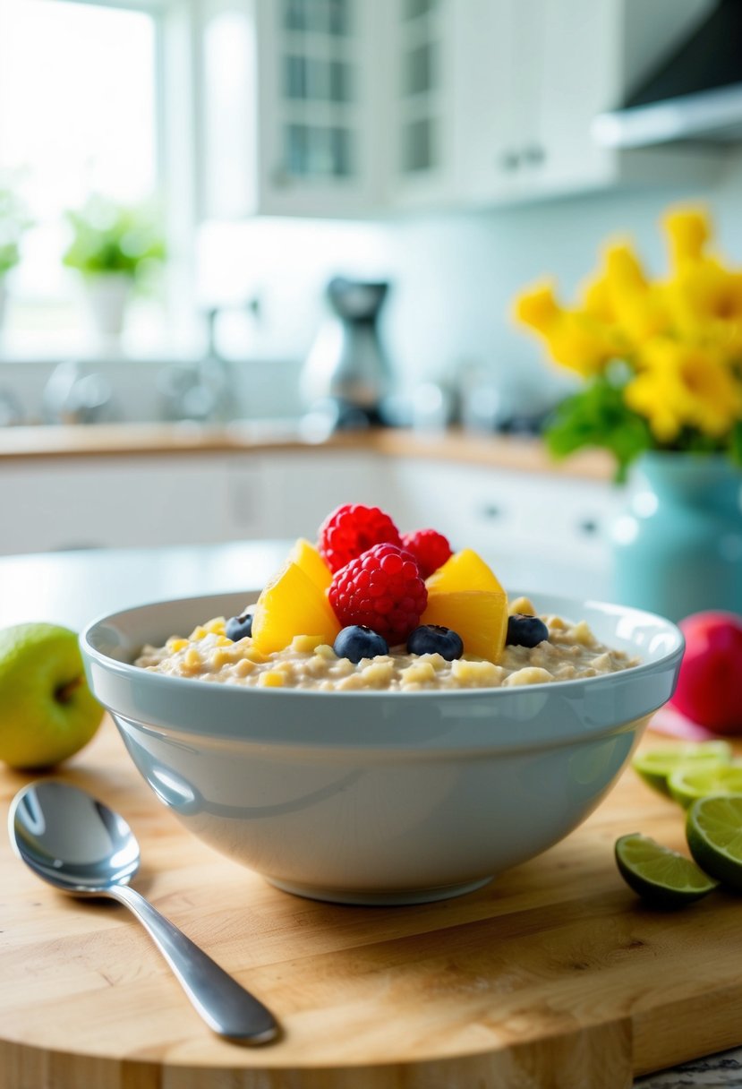 A bowl of oatmeal topped with colorful fresh fruits, surrounded by a bright and airy kitchen setting