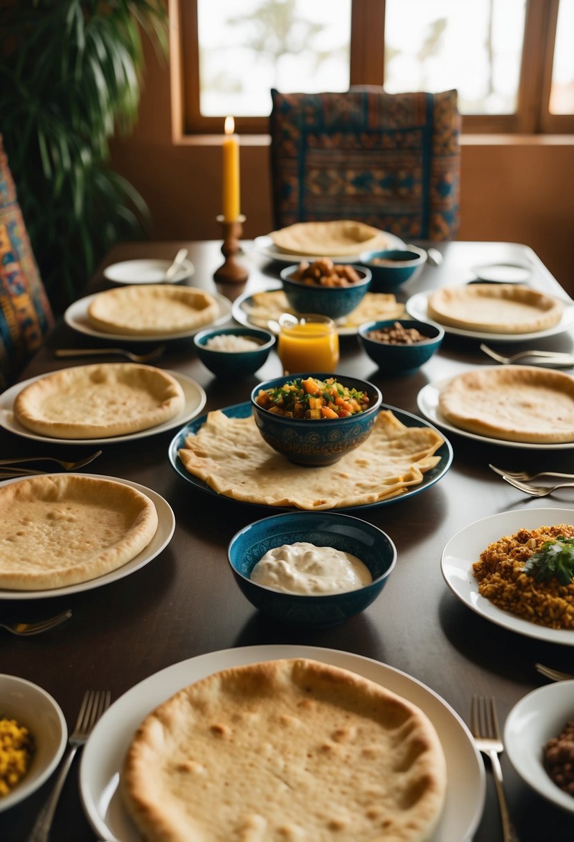 A table set with traditional Ethiopian injera bread and various African recipes