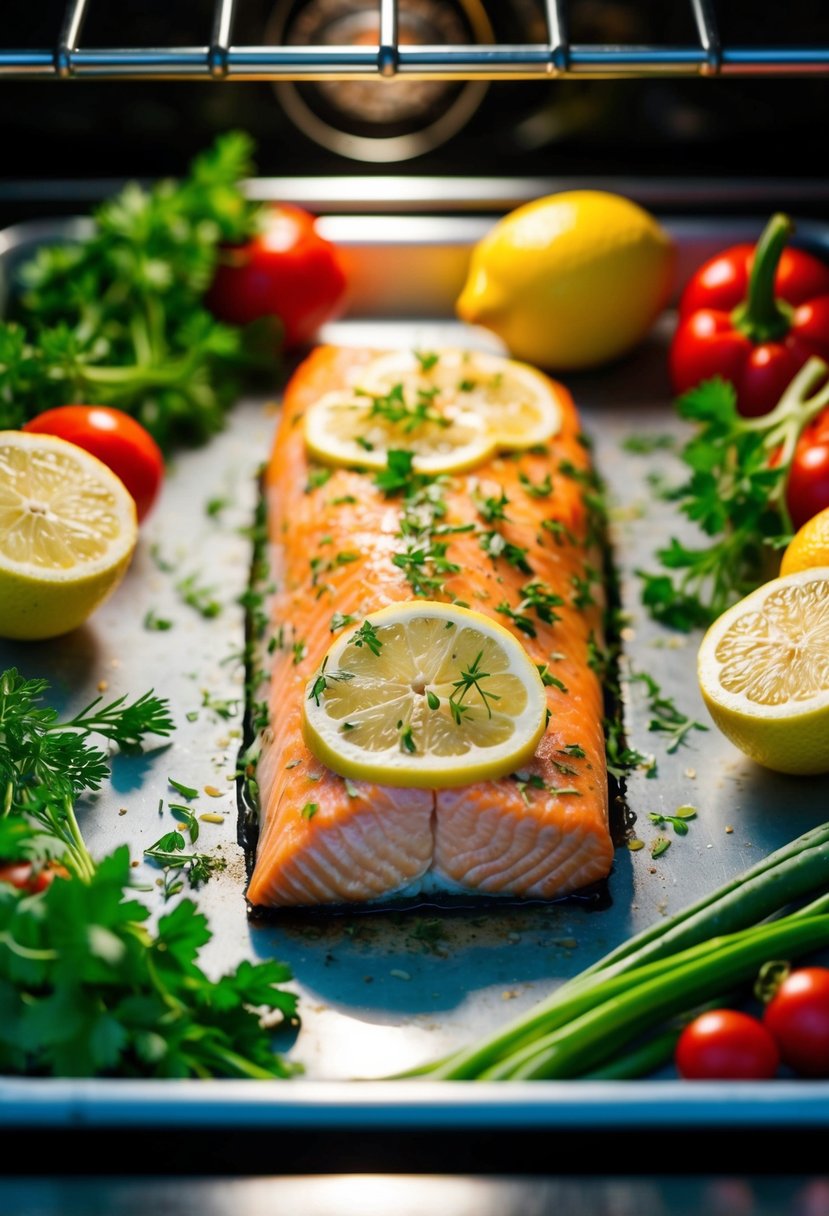 A fillet of lemon herb salmon baking in the oven, surrounded by colorful vegetables and herbs