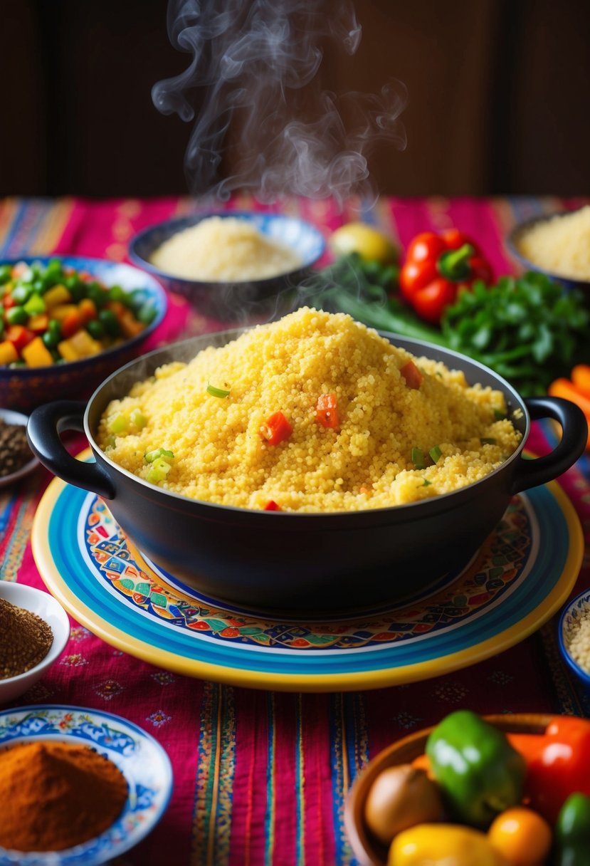 A steaming pot of Algerian couscous surrounded by colorful vegetables and fragrant spices on a traditional North African table