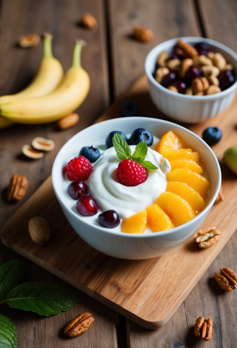 A bowl of Greek yogurt surrounded by fresh fruits and nuts on a wooden table