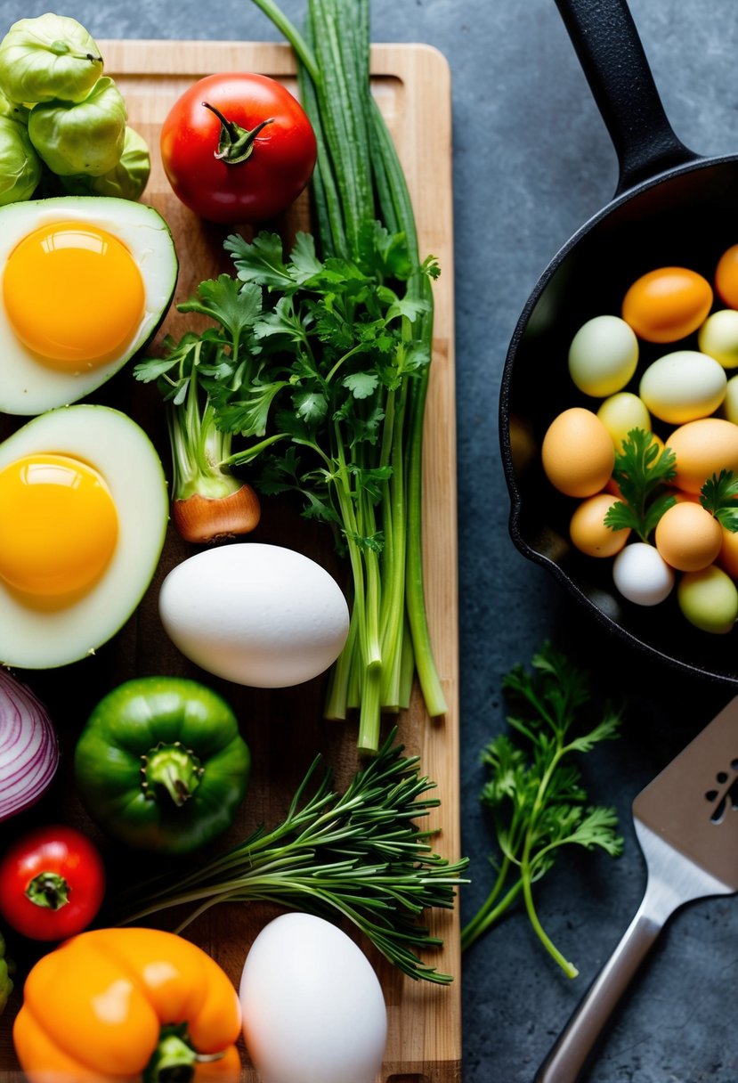 A colorful array of soft vegetables, eggs, and herbs arranged on a cutting board next to a skillet and a spatula