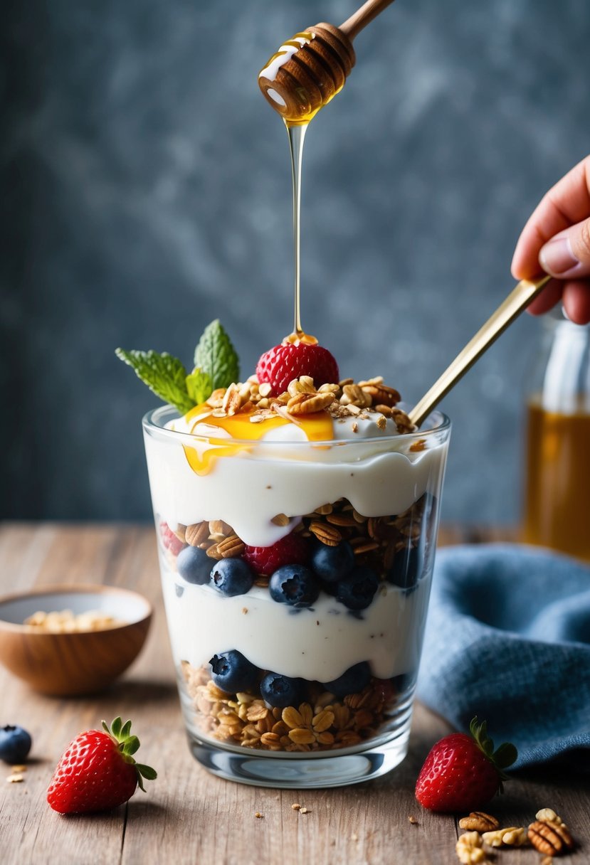 A glass parfait dish layered with Greek yogurt, granola, and fresh berries, topped with a drizzle of honey and a sprinkle of nuts