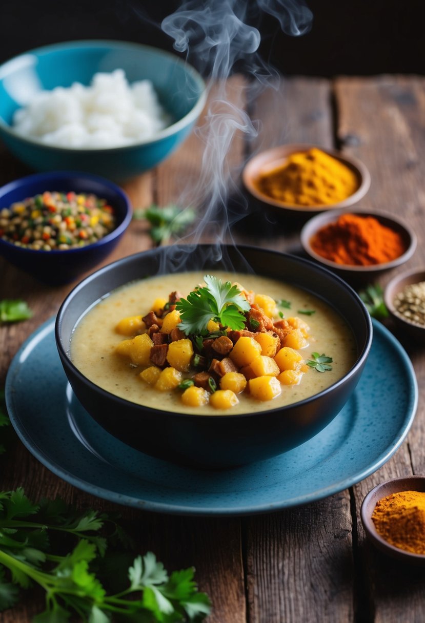 A steaming bowl of Sudanese Ful Medames sits on a rustic table, surrounded by colorful spices and fresh ingredients