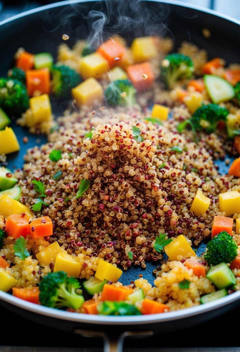 A colorful array of quinoa and vegetables sizzling in a pan, emitting savory aromas