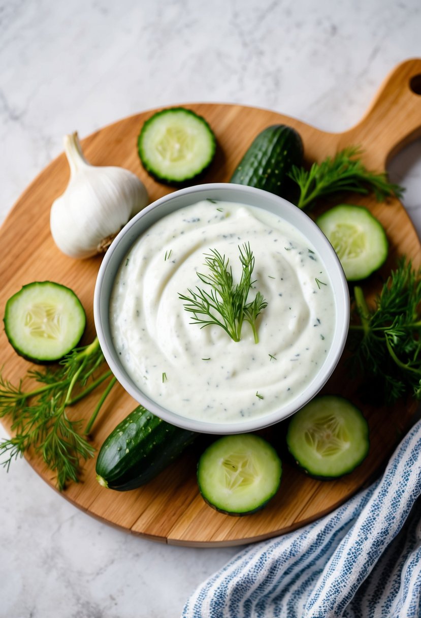 A bowl of creamy tzatziki sauce surrounded by fresh cucumber, dill, and garlic, with a dollop of yogurt on a wooden cutting board