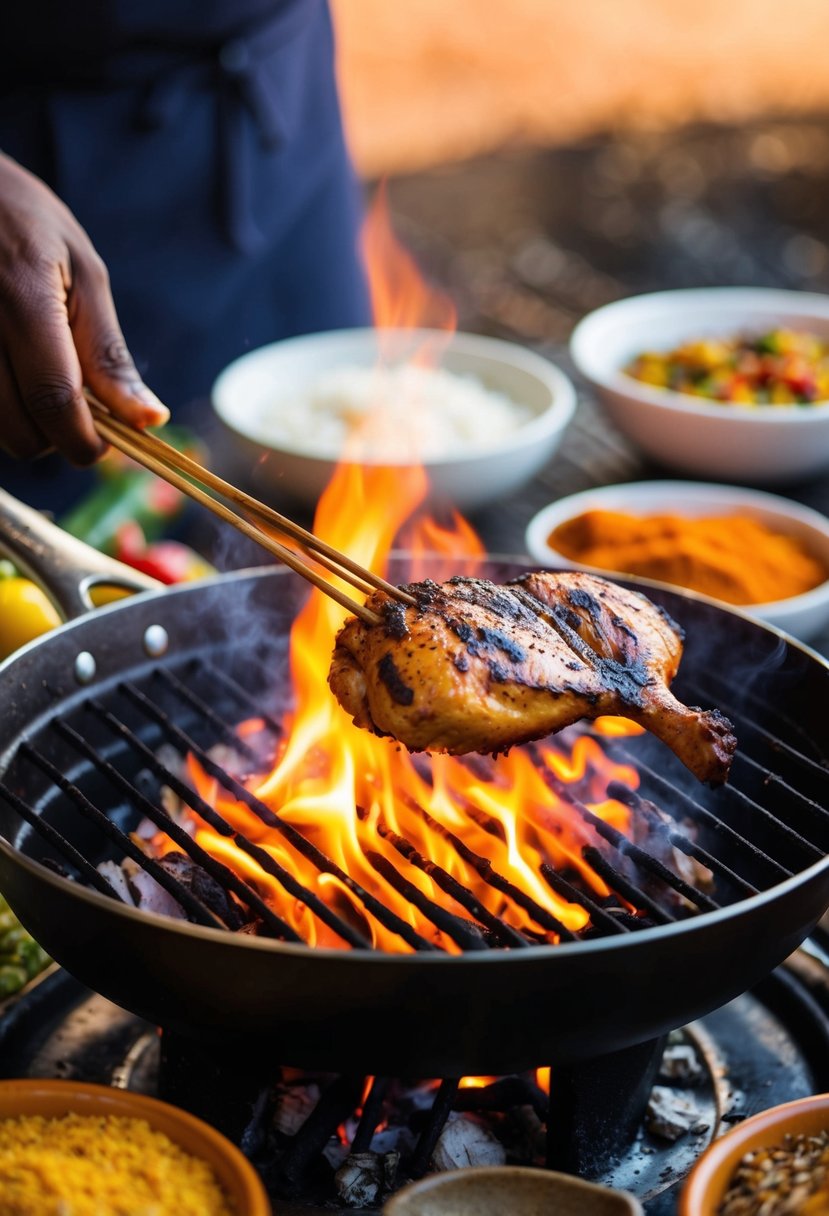 A sizzling Mozambican Peri Peri Chicken being grilled over an open flame, surrounded by colorful African spices and ingredients