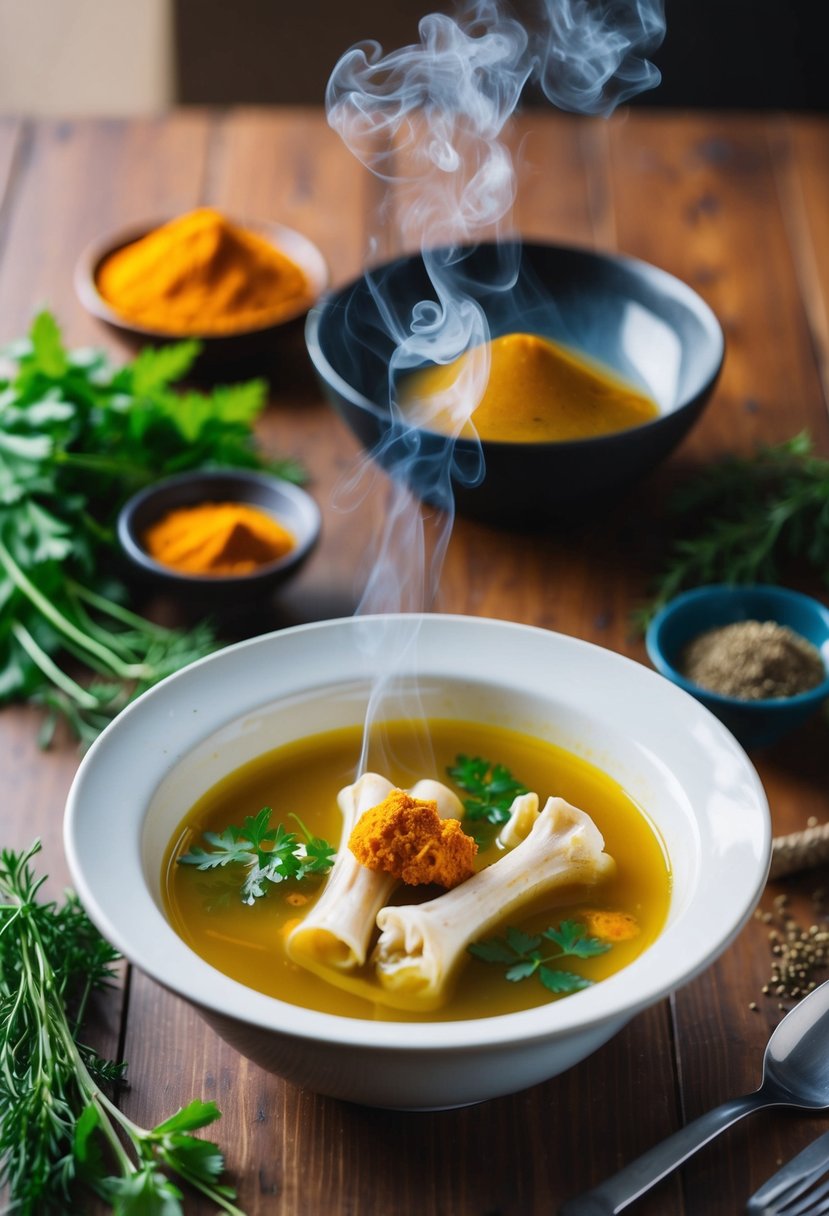 A steaming bowl of bone broth with turmeric sits on a wooden table, surrounded by fresh herbs and spices