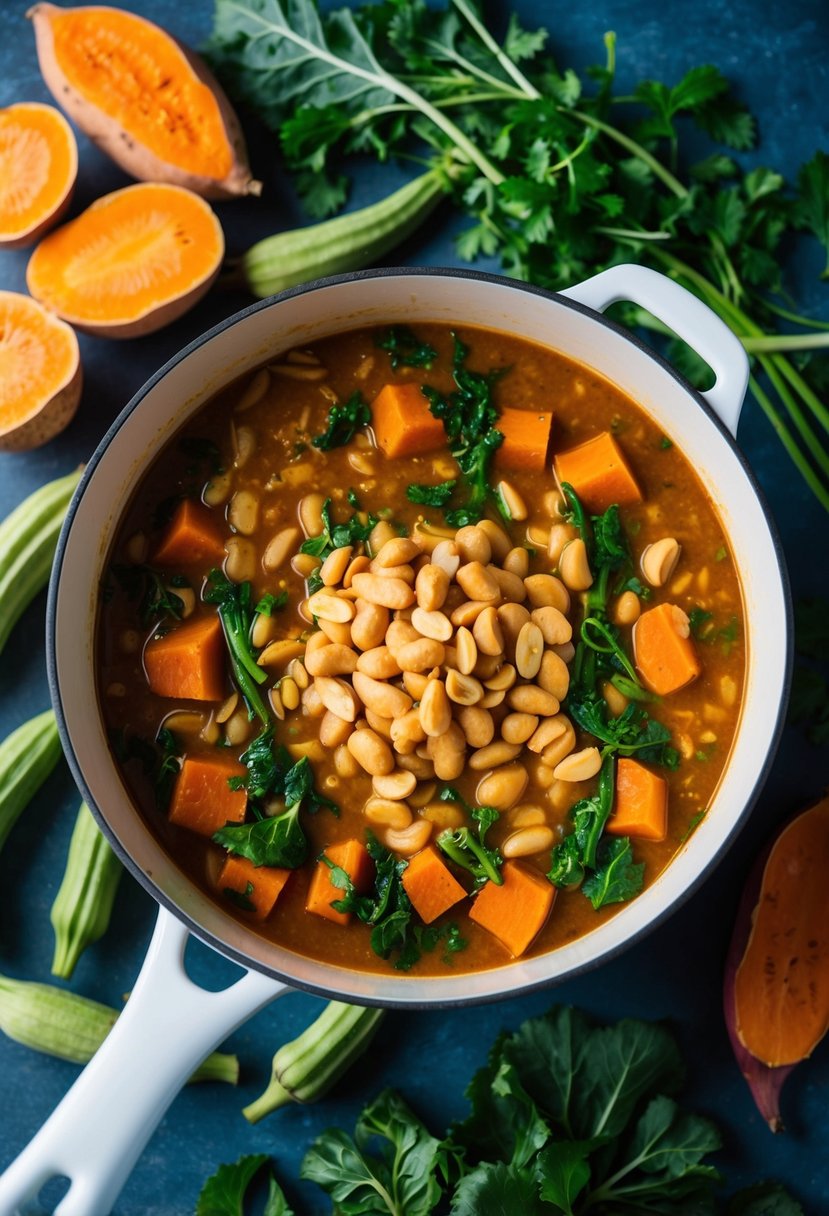 A large pot simmering with a rich, peanut-based stew surrounded by vibrant, fresh ingredients such as sweet potatoes, okra, and leafy greens