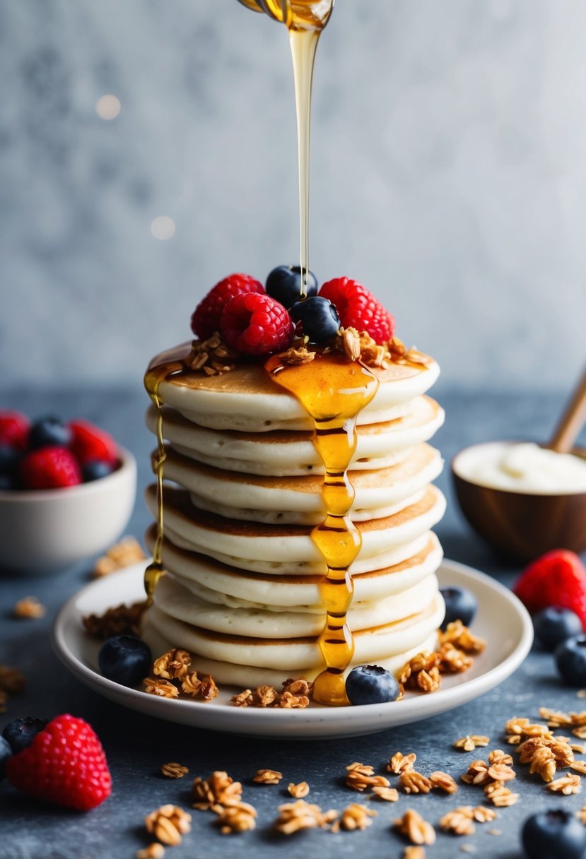 A stack of fluffy Greek yogurt pancakes topped with fresh berries and drizzled with honey, surrounded by a dollop of yogurt and a scattering of granola