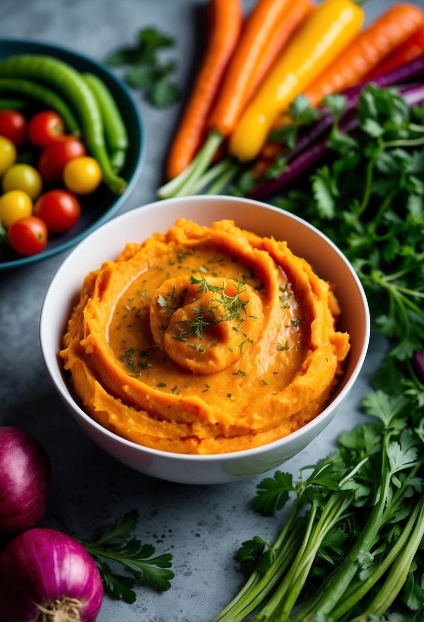 A bowl of creamy mashed sweet potatoes topped with a sprinkle of herbs, served alongside a colorful array of fresh vegetables