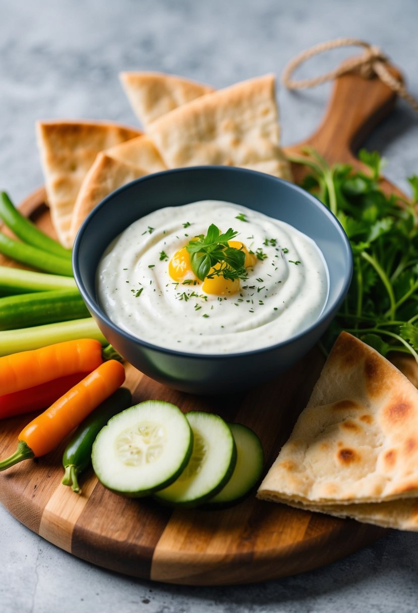 A bowl of Greek yogurt dip surrounded by fresh vegetables and pita bread on a wooden serving board