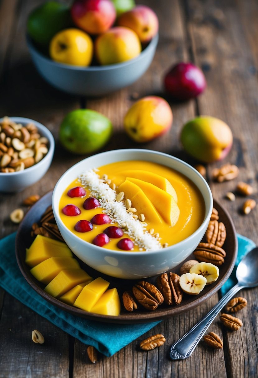 A vibrant mango smoothie bowl surrounded by fresh fruits and nuts on a rustic wooden table