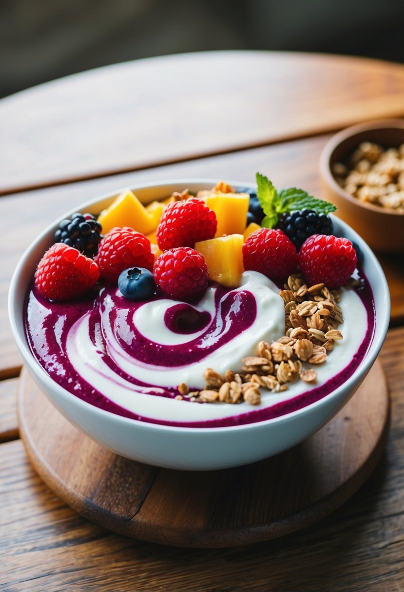 A vibrant berry smoothie bowl sits atop a wooden table, topped with swirls of creamy Greek yogurt and a colorful array of fresh berries and granola