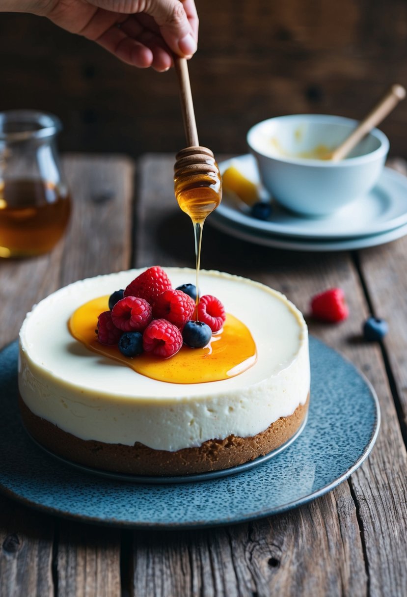 A creamy Greek Yogurt Cheesecake sits on a rustic wooden table, adorned with a drizzle of honey and a sprinkling of fresh berries