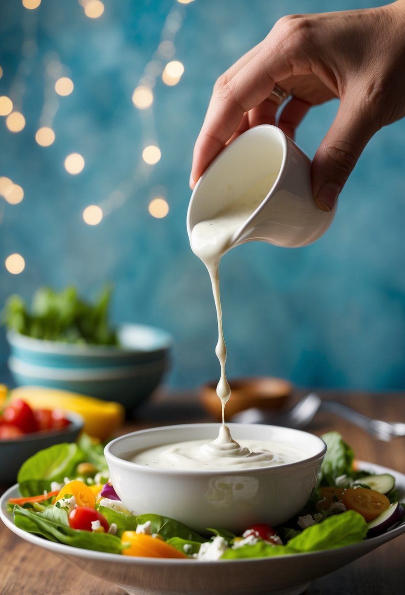 A bowl of Greek yogurt salad dressing being drizzled over a fresh, colorful salad