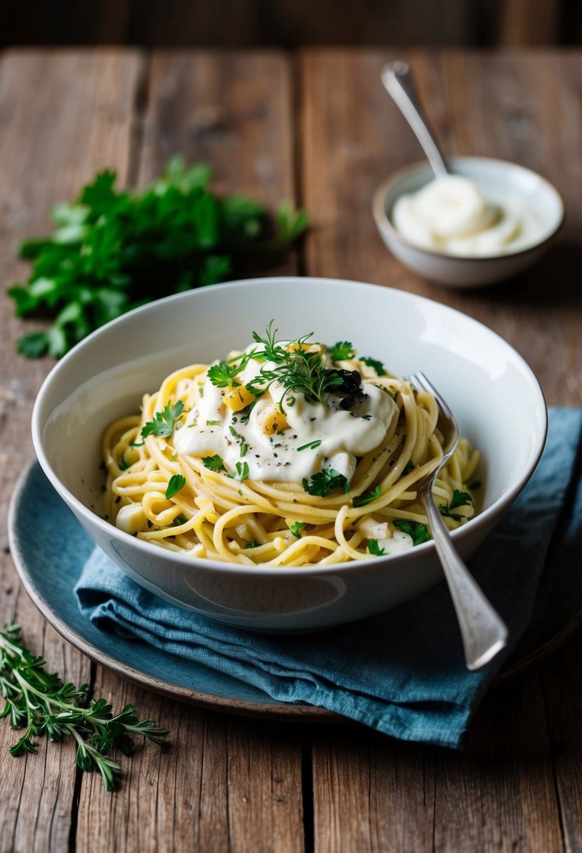 A bowl of creamy Mediterranean Greek yogurt pasta with fresh ingredients and herbs on a rustic wooden table