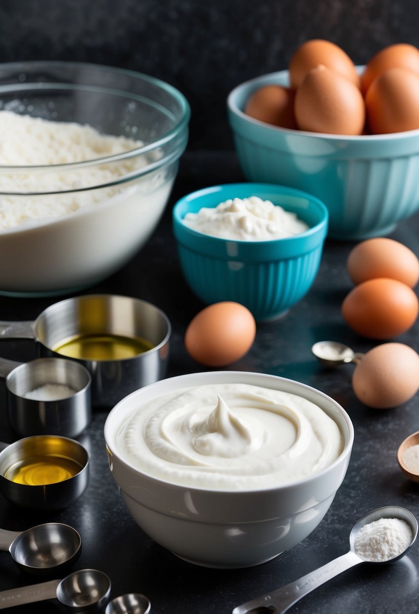 A bowl of greek yogurt sits next to measuring cups and spoons on a kitchen counter, surrounded by ingredients like flour, eggs, and a mixing bowl