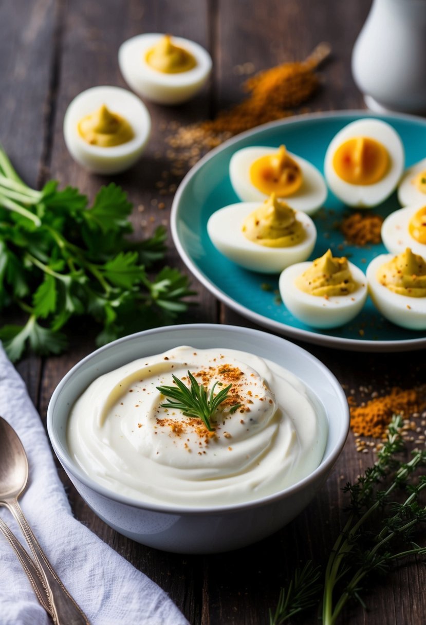 A bowl of Greek yogurt sits next to a plate of deviled eggs, surrounded by fresh herbs and spices