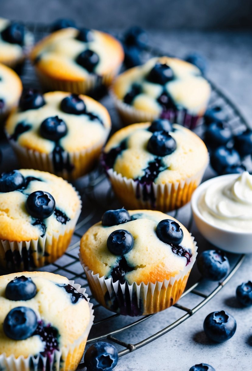 A batch of Blueberry Greek Yogurt Muffins cooling on a wire rack, surrounded by fresh blueberries and a dollop of Greek yogurt