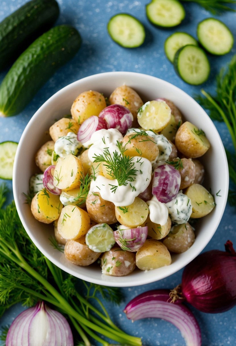 A bowl of potato salad mixed with Greek yogurt, surrounded by fresh ingredients like cucumbers, dill, and red onion